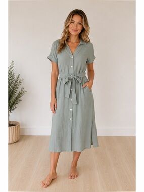 Very J 100% Cotton Button Up Tie Dress With Pockets Dress